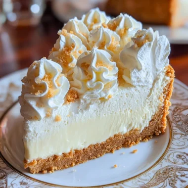 Delicious Marshmallow Cheesecake topped with whipped cream and chocolate drizzle.