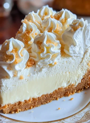 Delicious Marshmallow Cheesecake topped with whipped cream and chocolate drizzle.