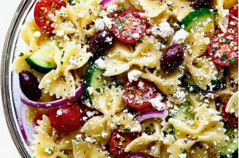 Colorful Mediterranean Pasta Salad with veggies and olives in a bowl