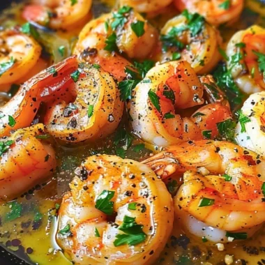 Mediterranean shrimp skillet with lemon garlic sauce served in a pan