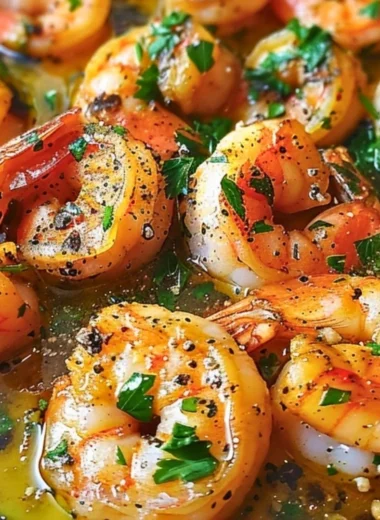 Mediterranean shrimp skillet with lemon garlic sauce served in a pan