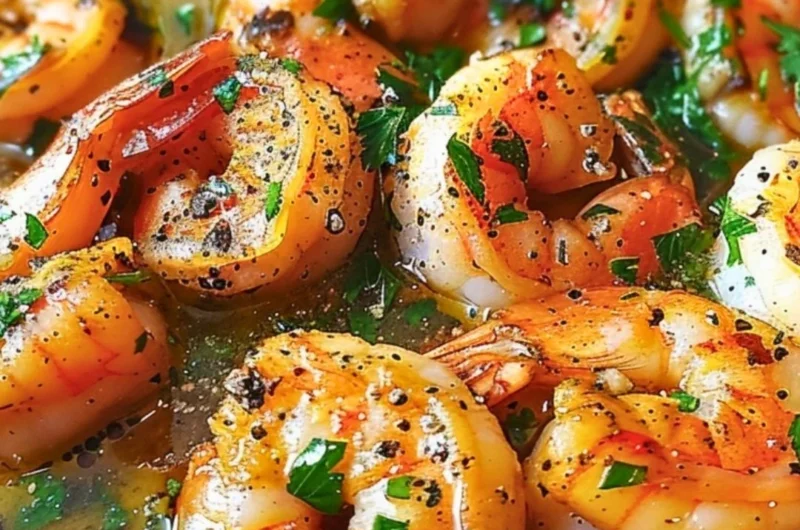 Mediterranean shrimp skillet with lemon garlic sauce served in a pan