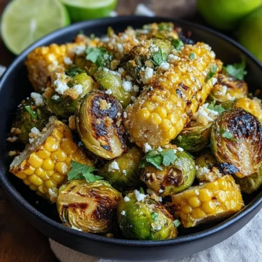 Plate of Mexican street corn Brussels sprouts topped with cheese and spices