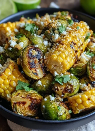 Plate of Mexican street corn Brussels sprouts topped with cheese and spices