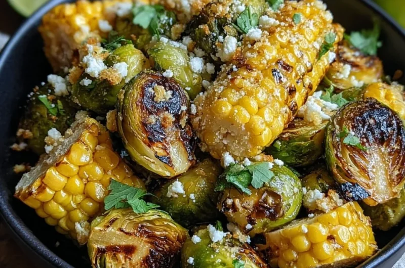 Plate of Mexican street corn Brussels sprouts topped with cheese and spices