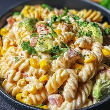 Delicious Mexican Street Corn Pasta Salad with vibrant toppings and flavors