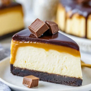 Delicious slice of Millionaire Cheesecake with a rich, creamy texture and garnished