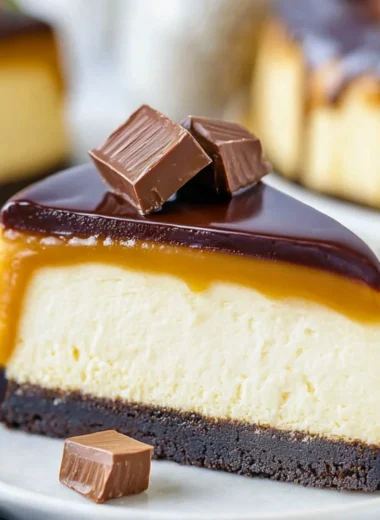 Delicious slice of Millionaire Cheesecake with a rich, creamy texture and garnished