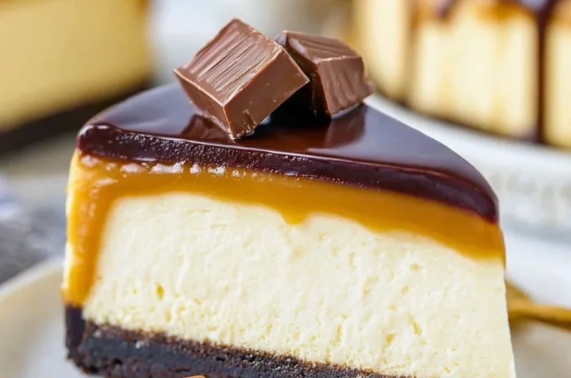 Delicious slice of Millionaire Cheesecake with a rich, creamy texture and garnished