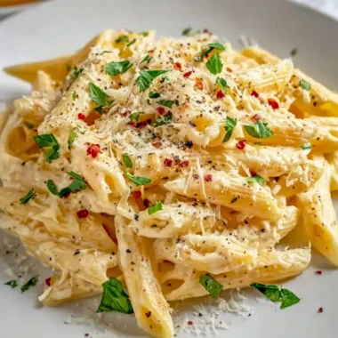 One pot creamy garlic pasta served in a bowl with herbs and a sprinkle of cheese.