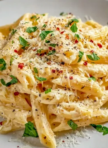 One pot creamy garlic pasta served in a bowl with herbs and a sprinkle of cheese.