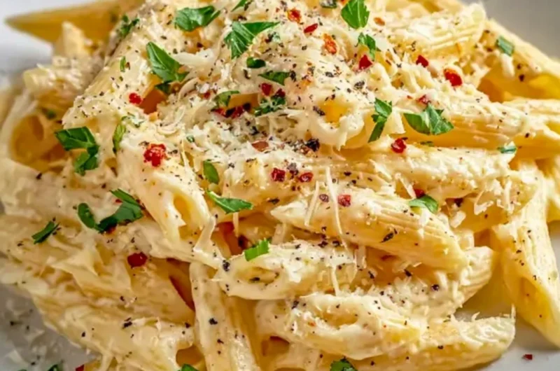 One pot creamy garlic pasta served in a bowl with herbs and a sprinkle of cheese.