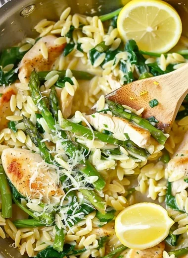 Delicious One Pot Lemon Chicken Orzo served in a bowl