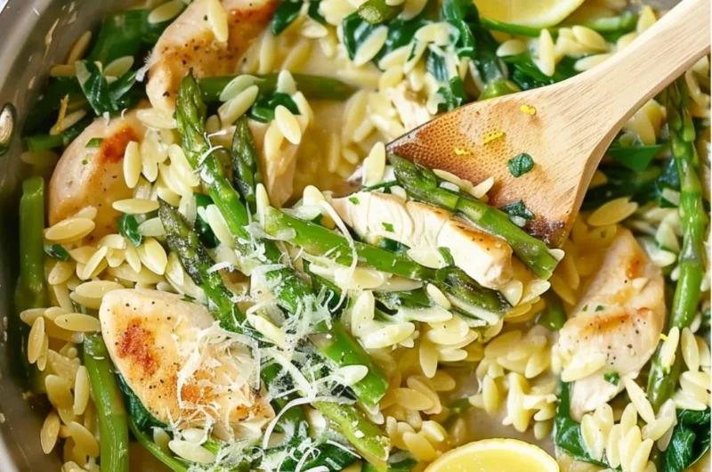 Delicious One Pot Lemon Chicken Orzo served in a bowl