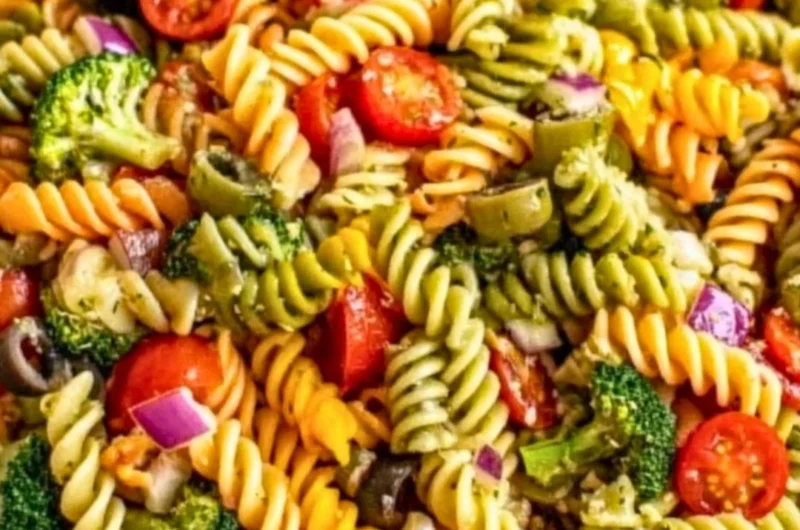 Colorful and fresh pasta salad with vegetables and dressing in a bowl