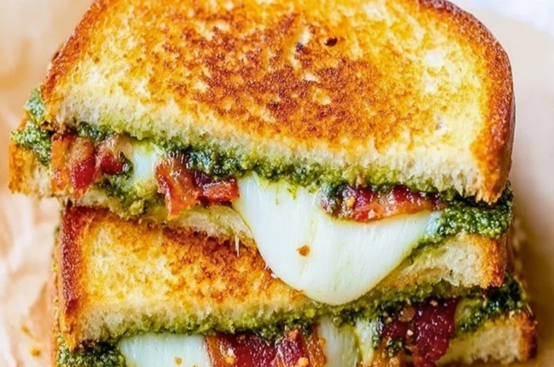 Mouthwatering Pesto Grilled Cheese sandwich with melted cheese and fresh basil pesto