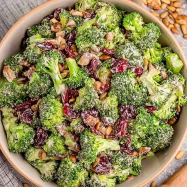 Delicious and fresh keto-friendly broccoli salad served in a bowl