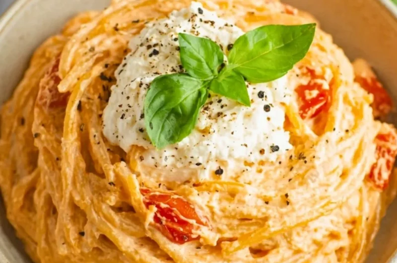 Bowl of roasted tomato and garlic ricotta pasta garnished with fresh herbs