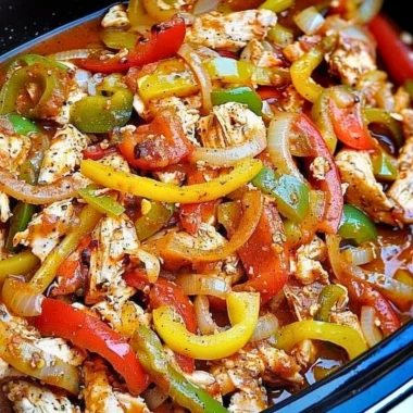 Slow cooker chicken fajitas served with peppers and onions on a plate
