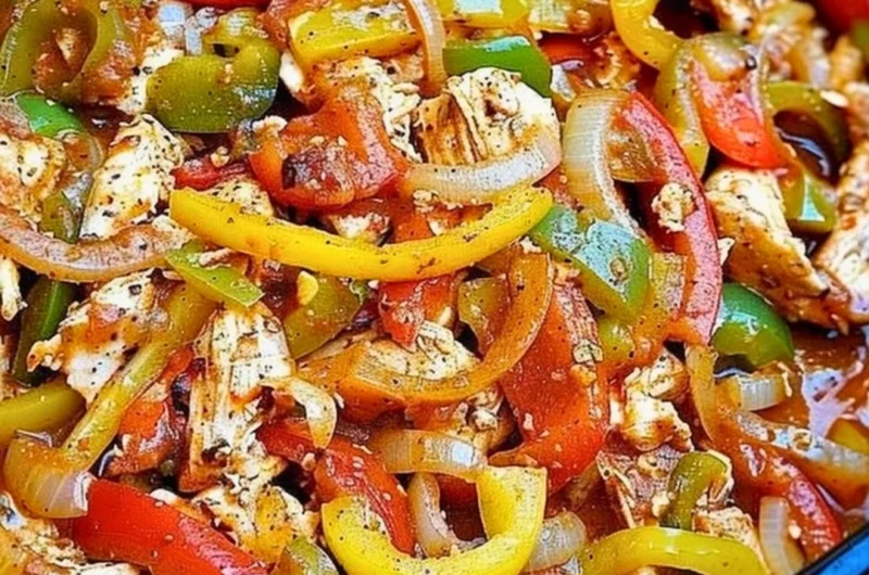 Slow cooker chicken fajitas served with peppers and onions on a plate