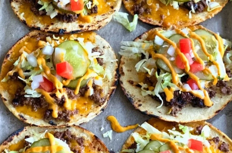 Delicious smashed cheeseburger tacos served with fresh toppings