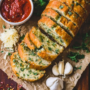 Freshly baked sourdough garlic bread, golden brown and deliciously aromatic.