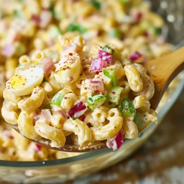 Southern macaroni salad served in a bowl with colorful ingredients