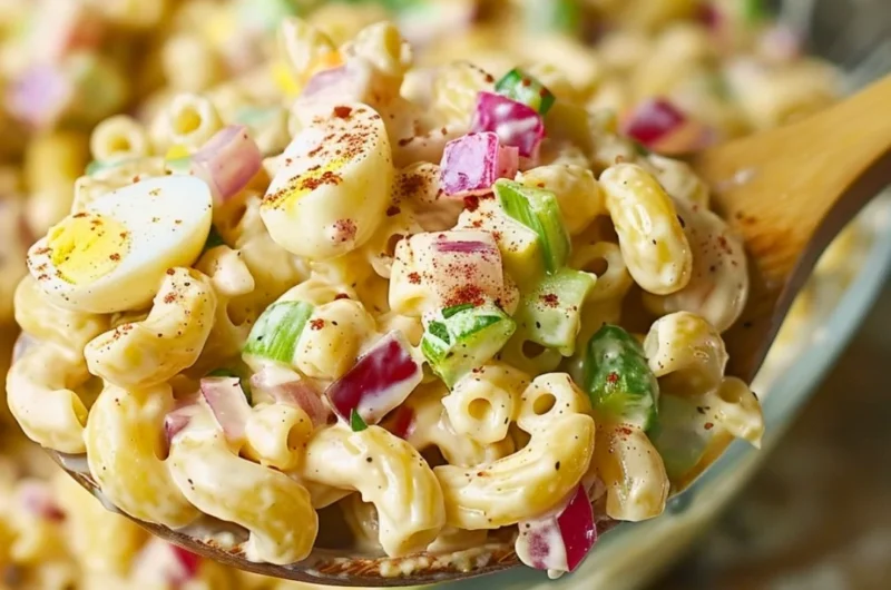 Southern macaroni salad served in a bowl with colorful ingredients