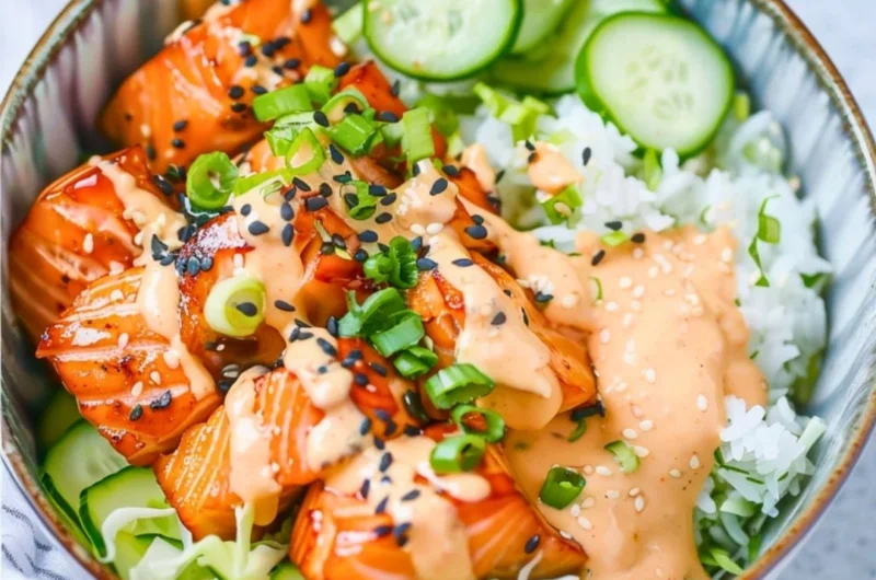 Delicious spicy salmon bowl garnished with fresh vegetables and sauce