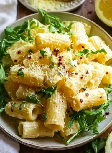 Stanley Tucci's creamy lemon ricotta pasta with arugula served in a bowl