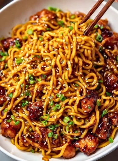 Delicious sticky garlic chicken noodles served in a bowl