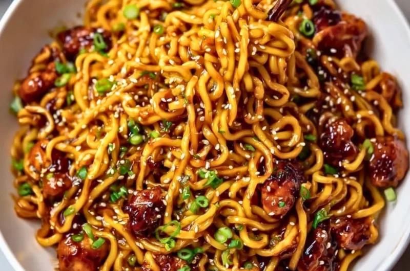 Delicious sticky garlic chicken noodles served in a bowl