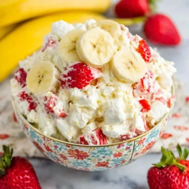 Delicious Strawberry Banana Fluff Salad served in a bowl with fresh strawberries and bananas