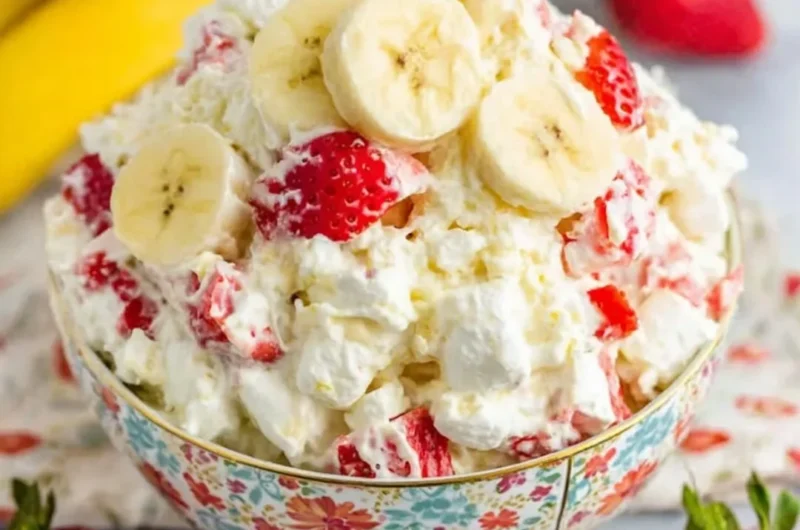 Delicious Strawberry Banana Fluff Salad served in a bowl with fresh strawberries and bananas