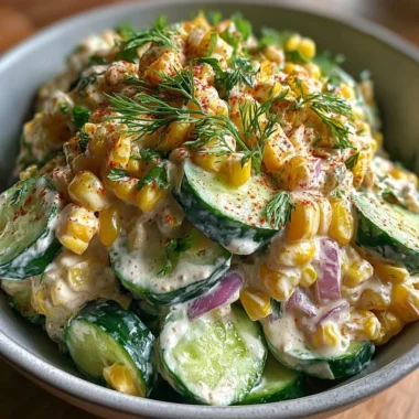 Street corn creamy cucumber salad with vibrant ingredients in a bowl.