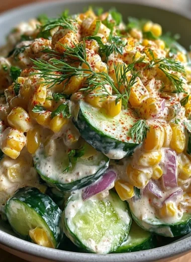 Street corn creamy cucumber salad with vibrant ingredients in a bowl.