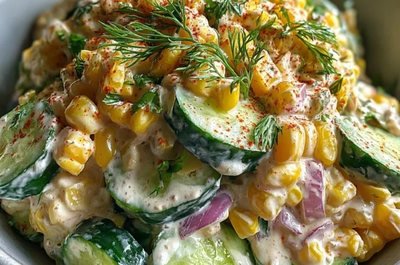 Street corn creamy cucumber salad with vibrant ingredients in a bowl.
