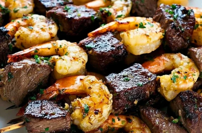 Delicious Surf and Turf Kebabs served with Chimichurri Sauce on a platter.