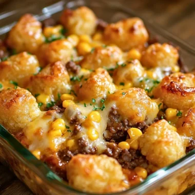 Tater Tot Casserole with Ground Beef served in a baking dish