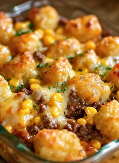 Tater Tot Casserole with Ground Beef served in a baking dish
