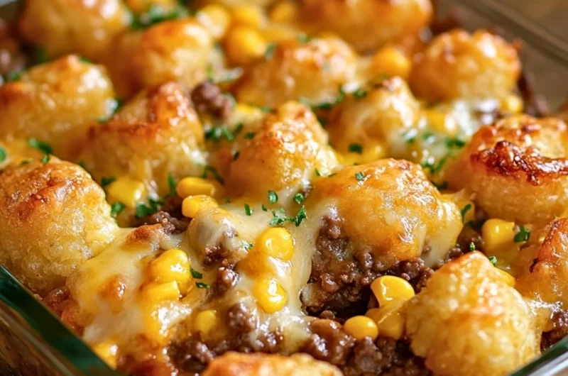 Tater Tot Casserole with Ground Beef served in a baking dish