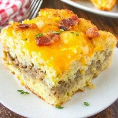 Delicious Tater Tot Breakfast Casserole freshly baked in a dish
