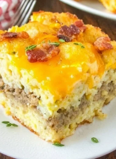Delicious Tater Tot Breakfast Casserole freshly baked in a dish