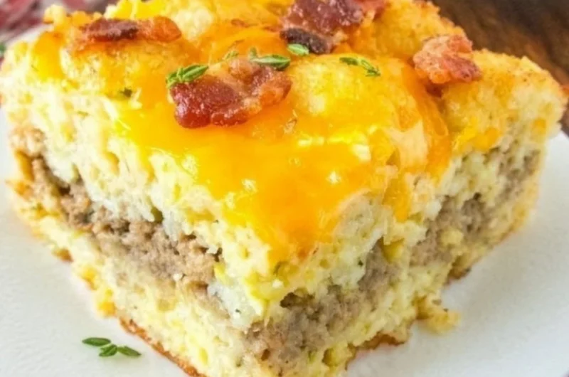 Delicious Tater Tot Breakfast Casserole freshly baked in a dish