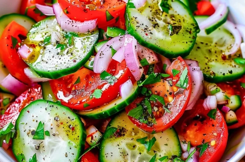 Refreshing Tomato Cucumber Salad with vibrant colors and healthy ingredients.
