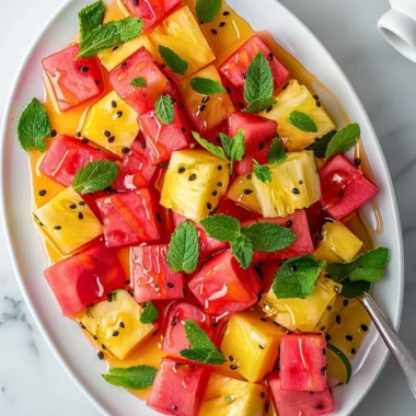 Delicious Watermelon Pineapple Salad served in a bowl with mint garnishing.