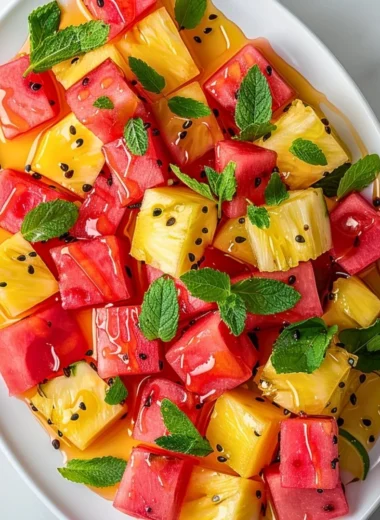 Delicious Watermelon Pineapple Salad served in a bowl with mint garnishing.