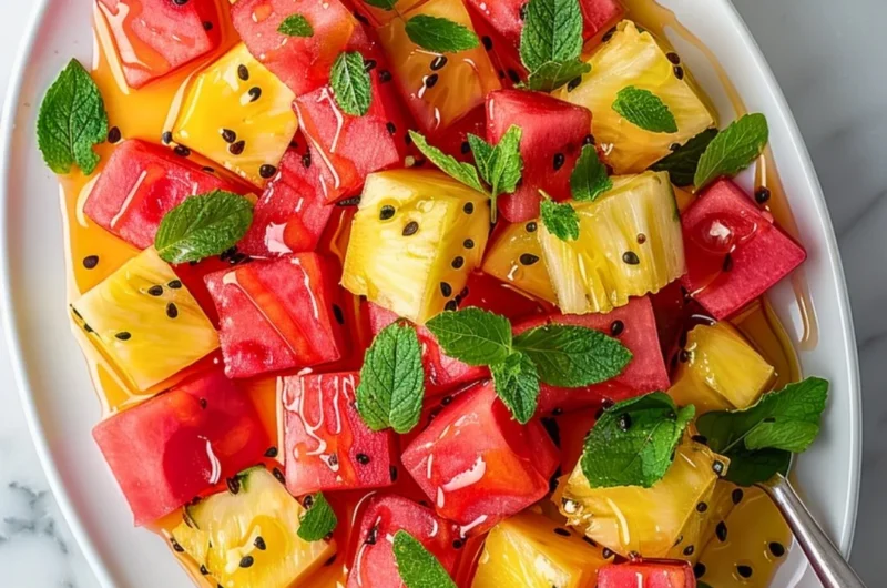 Delicious Watermelon Pineapple Salad served in a bowl with mint garnishing.