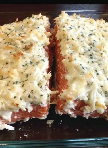 Baked Salmon with Mayo and Parmesan Herb Crust on a plate