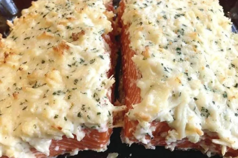 Baked Salmon with Mayo and Parmesan Herb Crust on a plate